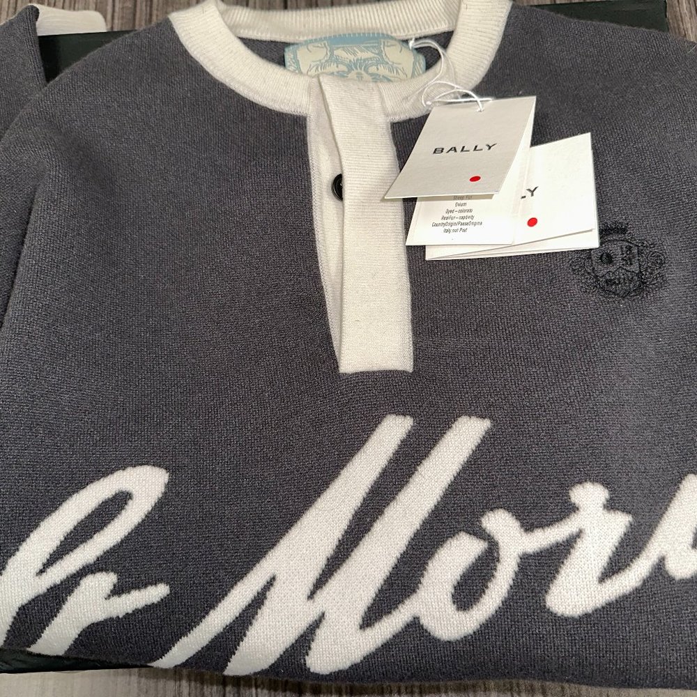 BRAND NEW Bally St. Moritz Graphic Cashmere Oversized Henley Sweater Curling !!!